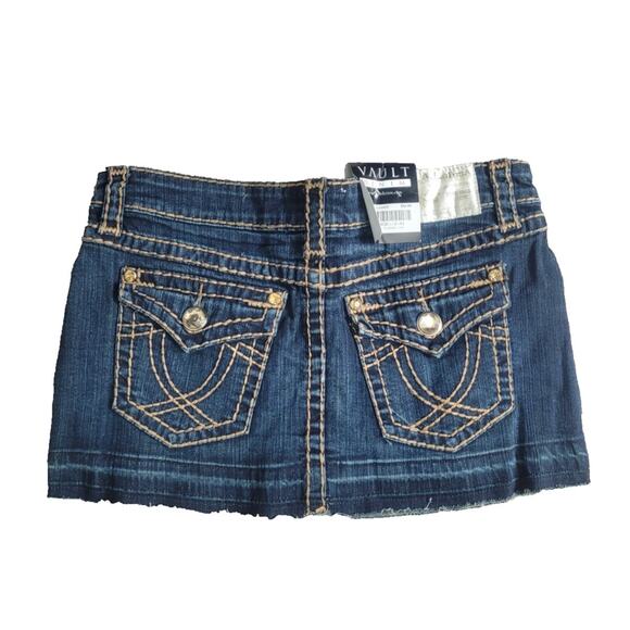 NWT Y2K Denim Low Rise Micro Mini Raw Hem Skirt Sz M Blue Rhinestone Grunge Emo - Picture 2 of 7